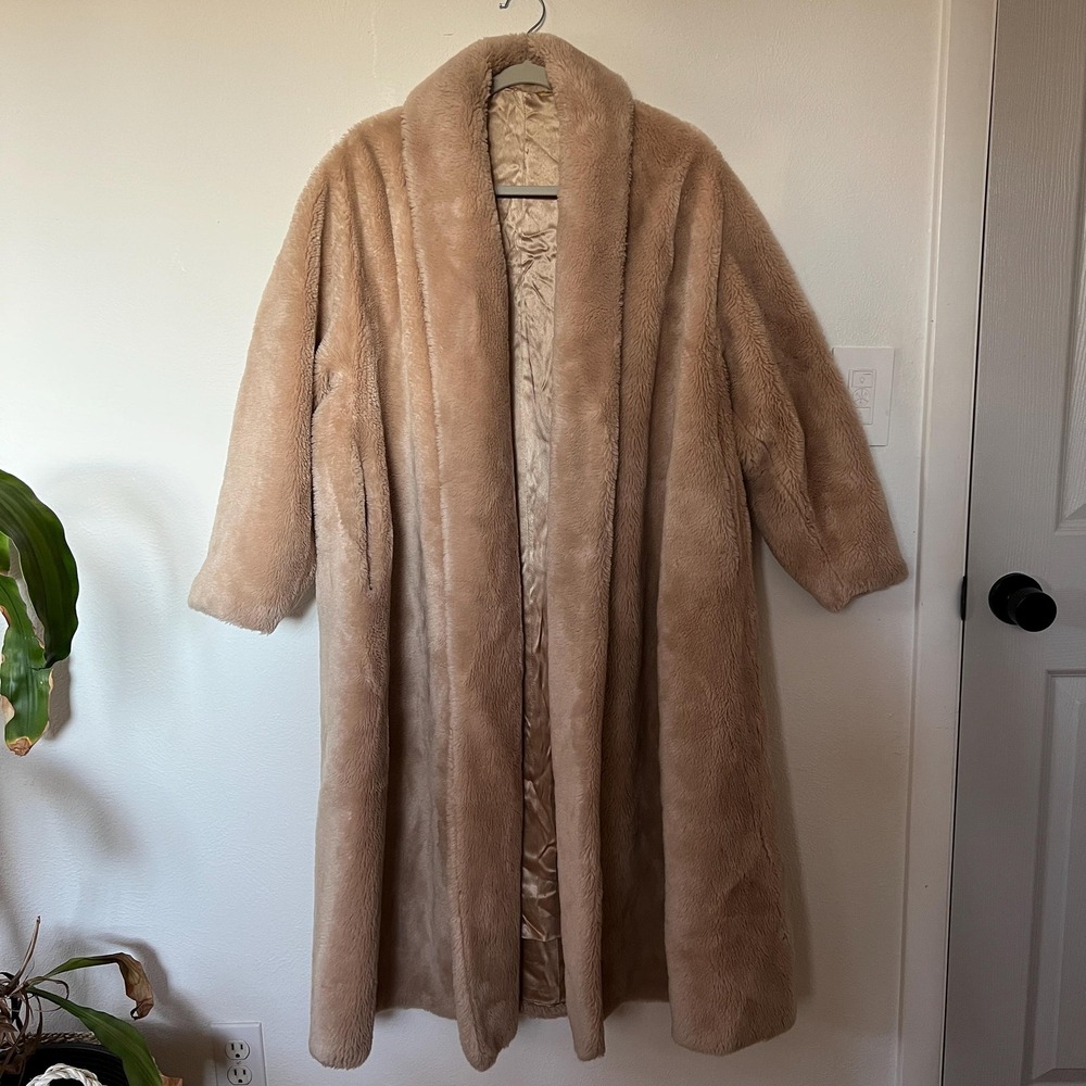 Vintage 50s Beige Faux Fur Swing Coat Old Hollywood Glam L XL - Picture 9 of 13